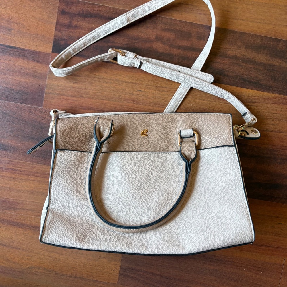 Kate & Alex Cutlery Two Tone Satchel Handbag Beige Tan Crossbody Strap‎